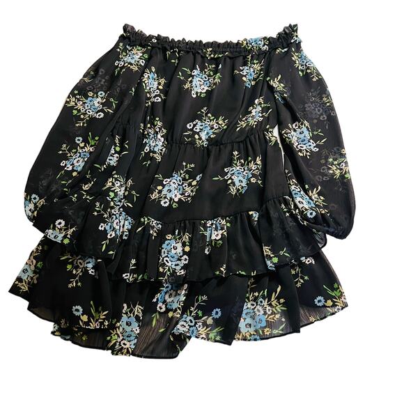Aqua Floral Off Shoulder Layered Dress Size M Medium Black Multicolored - Picture 1 of 5